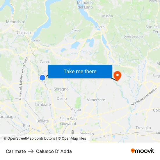 Carimate to Calusco d'Adda map
