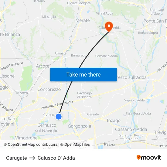 Carugate to Calusco d'Adda map