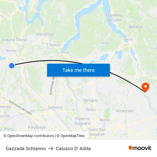 Gazzada Schianno to Calusco d'Adda map