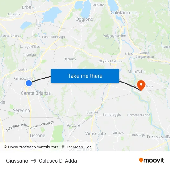 Giussano to Calusco d'Adda map