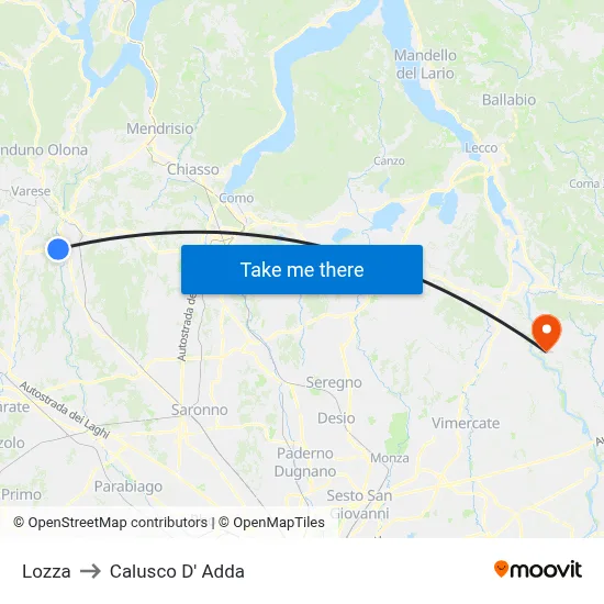 Lozza to Calusco d'Adda map