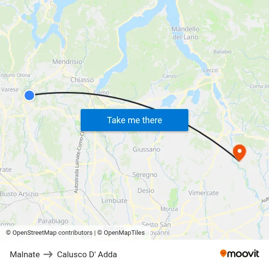 Malnate to Calusco d'Adda map