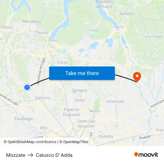 Mozzate to Calusco d'Adda map