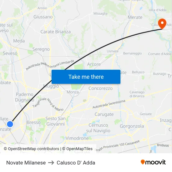 Novate Milanese to Calusco d'Adda map