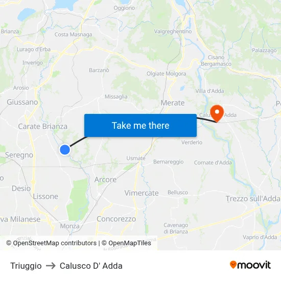 Triuggio to Calusco d'Adda map