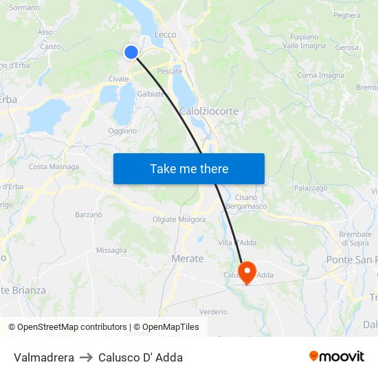 Valmadrera to Calusco D' Adda map