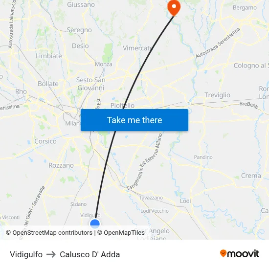 Vidigulfo to Calusco d'Adda map