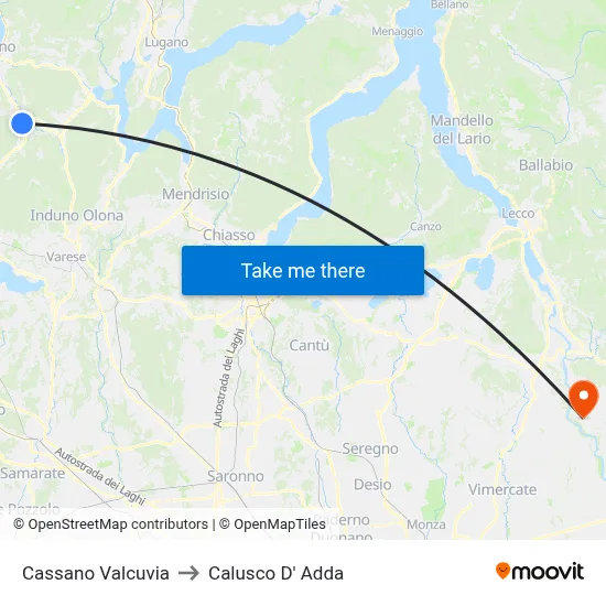 Cassano Valcuvia to Calusco d'Adda map