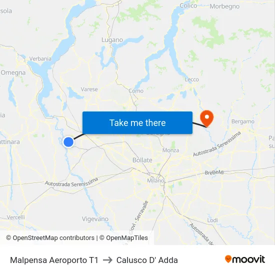 Malpensa Aeroporto T1 to Calusco D' Adda map