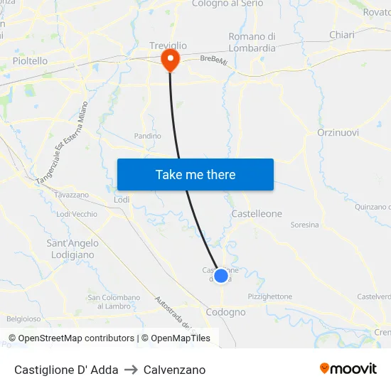 Castiglione D' Adda to Calvenzano map