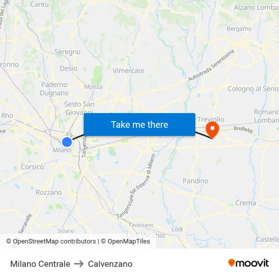 Milan Central to Calvenzano map