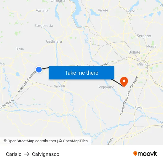 Carisio to Calvignasco map