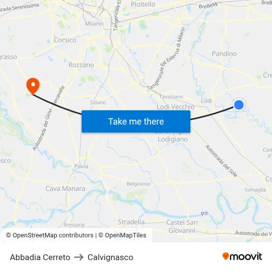 Abbadia Cerreto to Calvignasco map