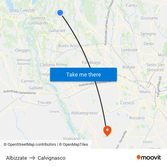 Albizzate to Calvignasco map