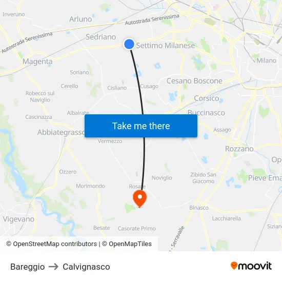 Bareggio to Calvignasco map