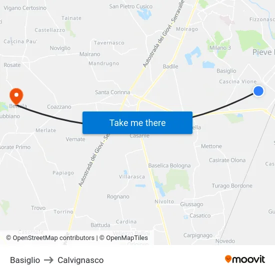 Basiglio to Calvignasco map