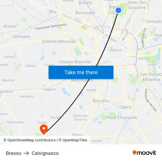 Bresso to Calvignasco map