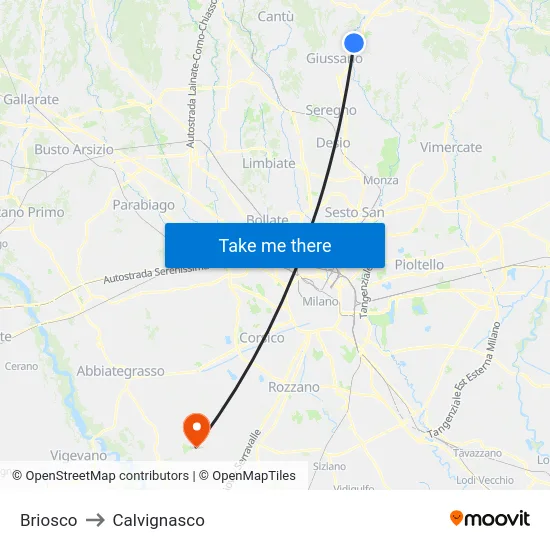 Briosco to Calvignasco map