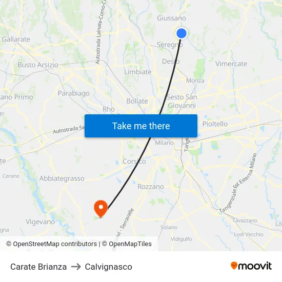 Carate Brianza to Calvignasco map