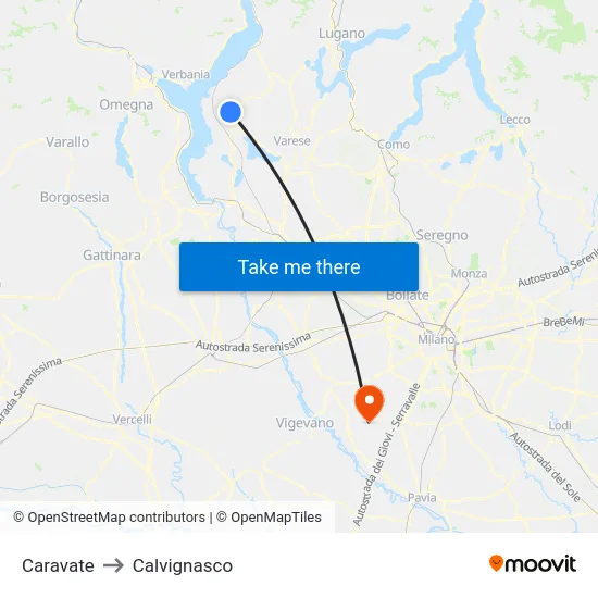 Caravate to Calvignasco map