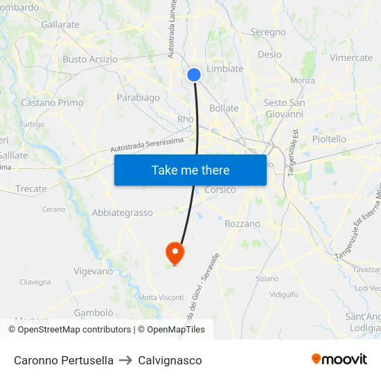 Caronno Pertusella to Calvignasco map