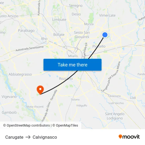 Carugate to Calvignasco map