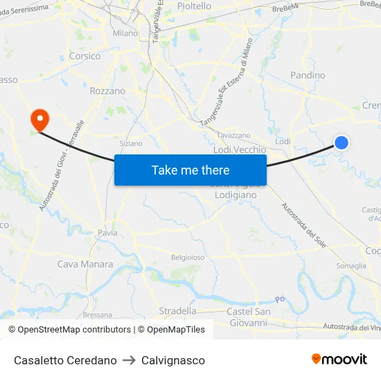 Casaletto Ceredano to Calvignasco map