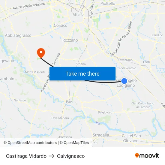 Castiraga Vidardo to Calvignasco map