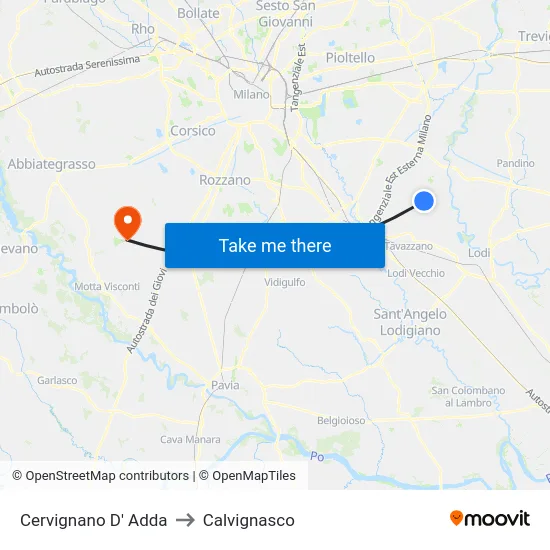 Cervignano D' Adda to Calvignasco map