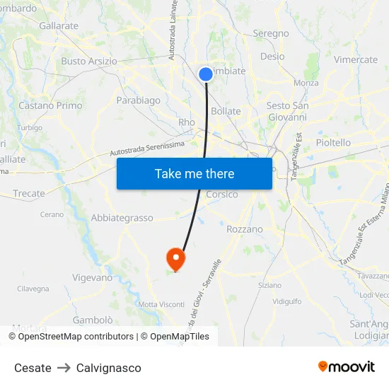 Cesate to Calvignasco map