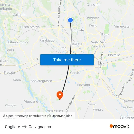 Cogliate to Calvignasco map