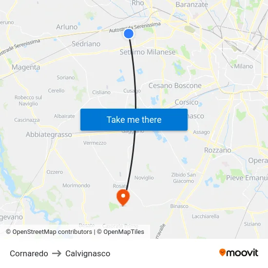 Cornaredo to Calvignasco map