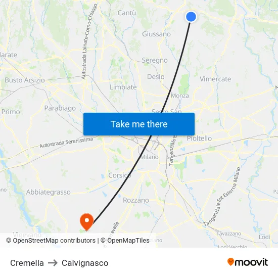 Cremella to Calvignasco map