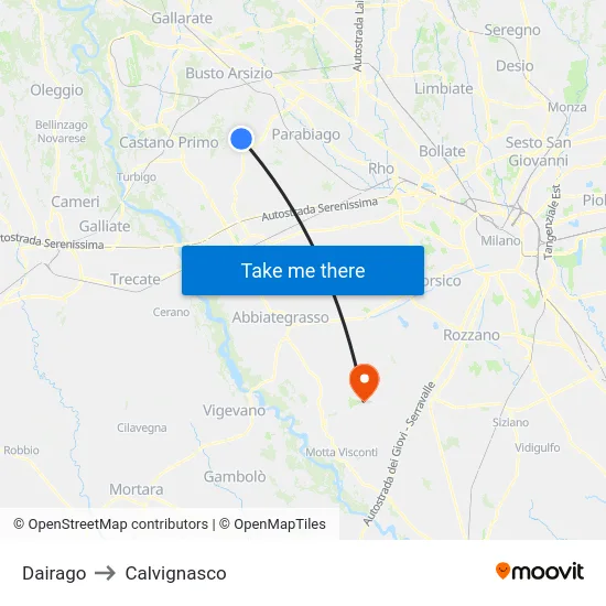Dairago to Calvignasco map