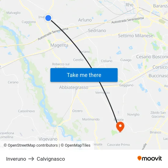 Inveruno to Calvignasco map