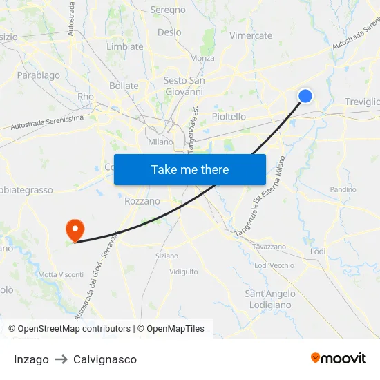 Inzago to Calvignasco map