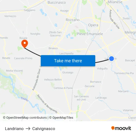 Landriano to Calvignasco map