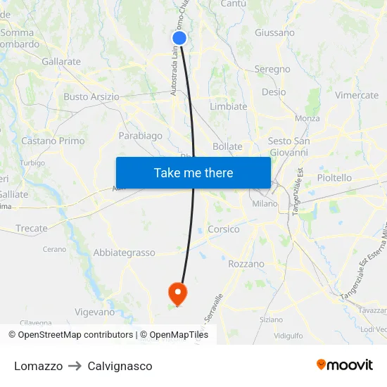 Lomazzo to Calvignasco map