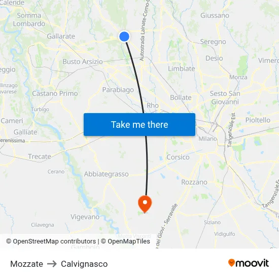 Mozzate to Calvignasco map