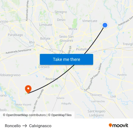 Roncello to Calvignasco map