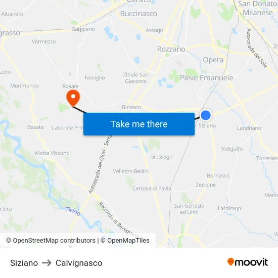 Siziano to Calvignasco map