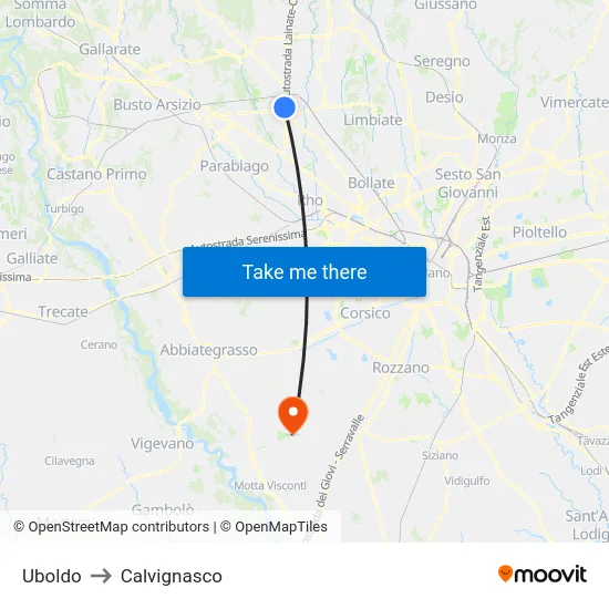 Uboldo to Calvignasco map