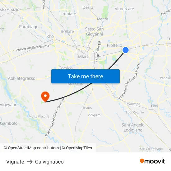 Vignate to Calvignasco map
