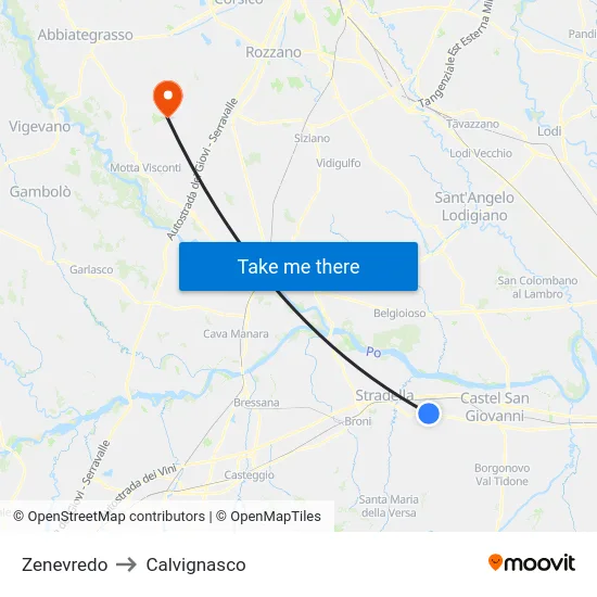 Zenevredo to Calvignasco map