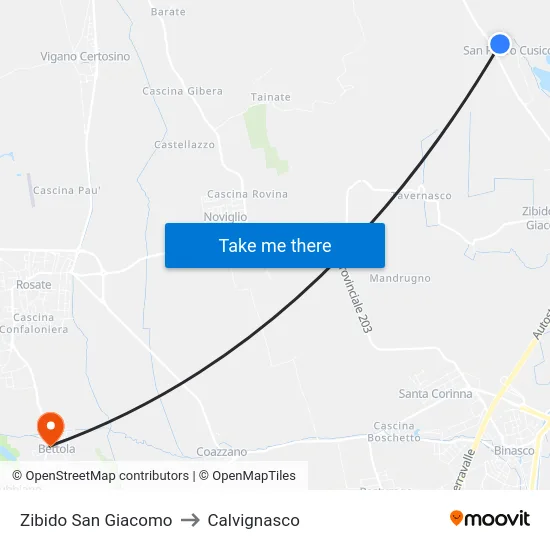 Zibido San Giacomo to Calvignasco map