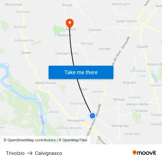 Trivolzio to Calvignasco map