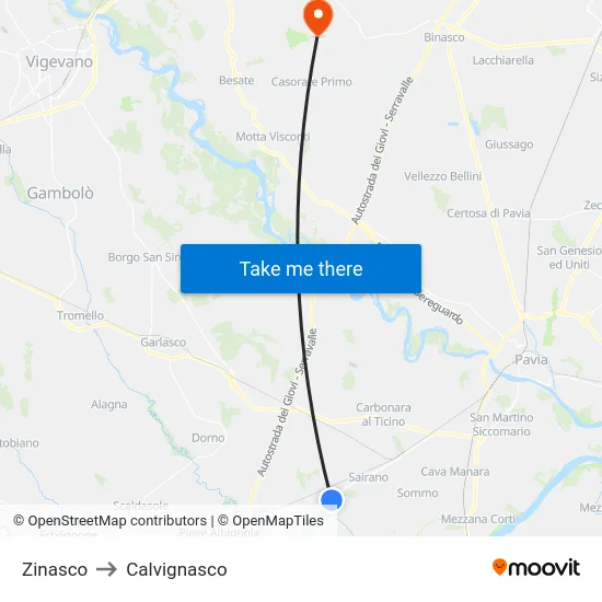 Zinasco to Calvignasco map