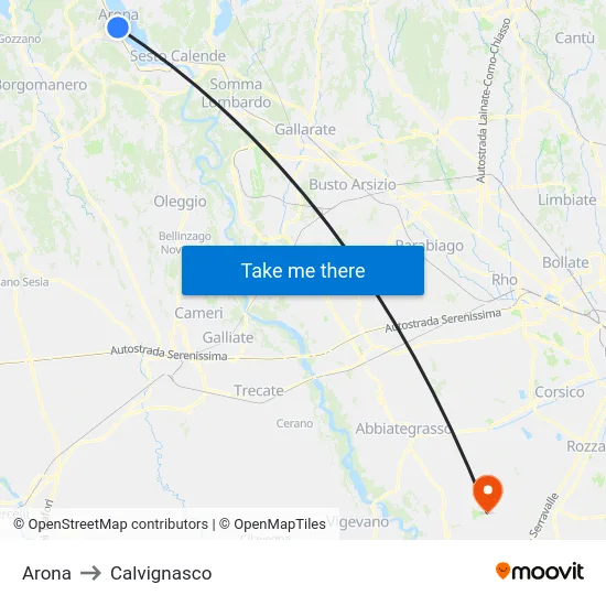 Arona to Calvignasco map