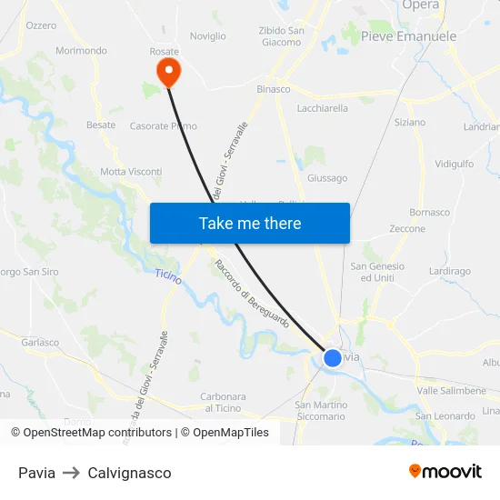Pavia to Calvignasco map