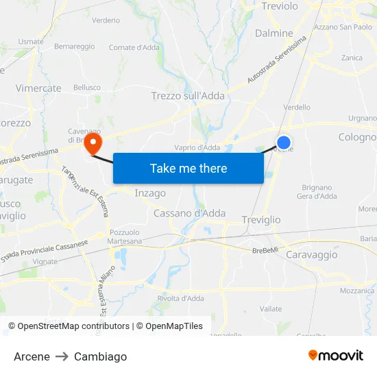 Arcene to Cambiago map